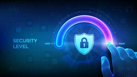 Increasing Security level. Cyber security concept. Wireframe hand is pulling  Illustrazione stock