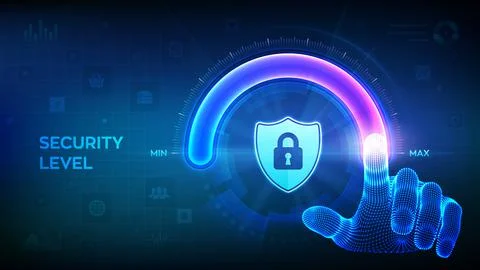 Increasing Security level. Cyber security concept. Wireframe hand is pulling  Illustrazione stock