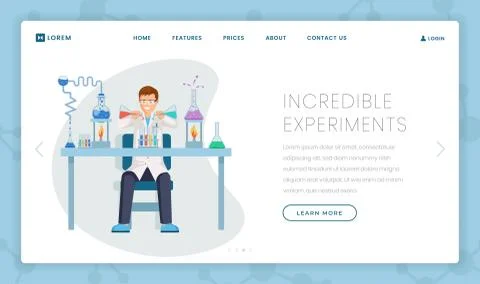Incredible experiments vector landing page template. Cartoon researcher working Stock Illustration