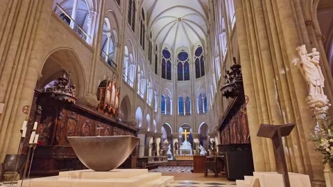 Incredible interior view of famous Notre Dame Cathedral in Paris, gothic Stock Footage 314701972