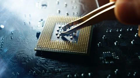 Incredible quality shoot on CPU processor. Motherboard background technology  스톡 사진