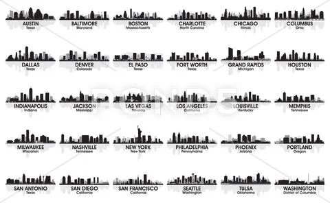 Incredible set of usa city skyline. 30 cities. Stock Illustration