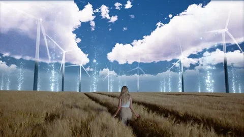 An incredible shot of day changing to night. A young woman walks through a field Stock Footage 240565940