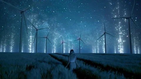 An incredible shot of wind turbines against the starry sky. Young woman walks Stock Footage 236565521