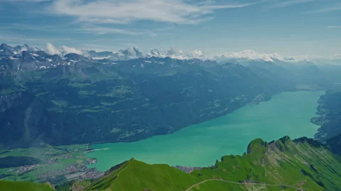Incredible view of the alpine lake and alpine mountains from above Stock Footage 302074987