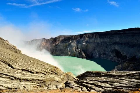 Incredible view of the Ijen caldera, Java Stockfoto's