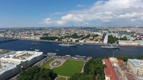 Incredible view from the top of the Neva River with ships, the blue May sky Video stock 88947980