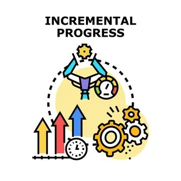 Incremental progress with arrows, gears, clock, and meter Stock Illustration