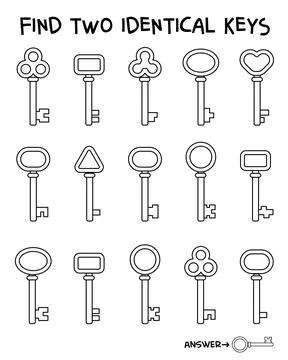 Ind two identical keys game for children. Coloring book. Spot it Stock Illustration