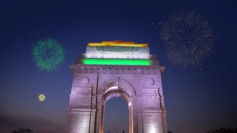 Independence Day Celebrations - India Gate with fireworks in the New Delhi Stock Footage 201349462