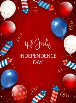 Independence Day Decorations on Red Background with Balloons and Fireworks Stock Illustration