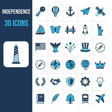 Independence Day icon set featuring Washington Monument, Statue of Liberty,.. Stock Illustration