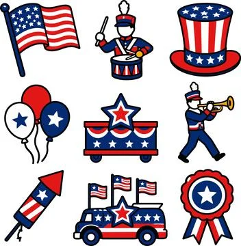 Independence Day parade vector icons set with national symbols and musician.. Иллюстрация