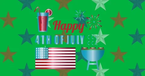 Independence day text banner and barbeque grill icon against multiple stars on Stock Footage 325484957
