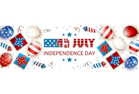 Independence Day White Background with Balloons and Fireworks Stock Illustration