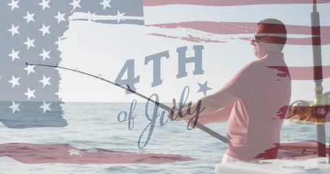 Independence text and american flag pattern design against caucasian man fishing Stock Footage 156182091