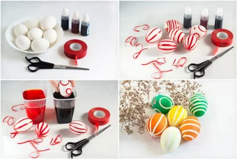 Independent coloring of Easter eggs. Instructions in pictures for coloring wi Stock Photos