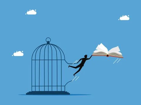 Independent with knowledge and learning. man escapes from prison knowledge bo Illustrazione stock
