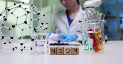 InDepth Laboratory Research Focused on the Unique Properties of Neon Elements Stock Footage 308867162