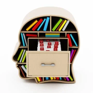 Index card catalogue inside head library drawer. 3D illustration Illustrazione stock