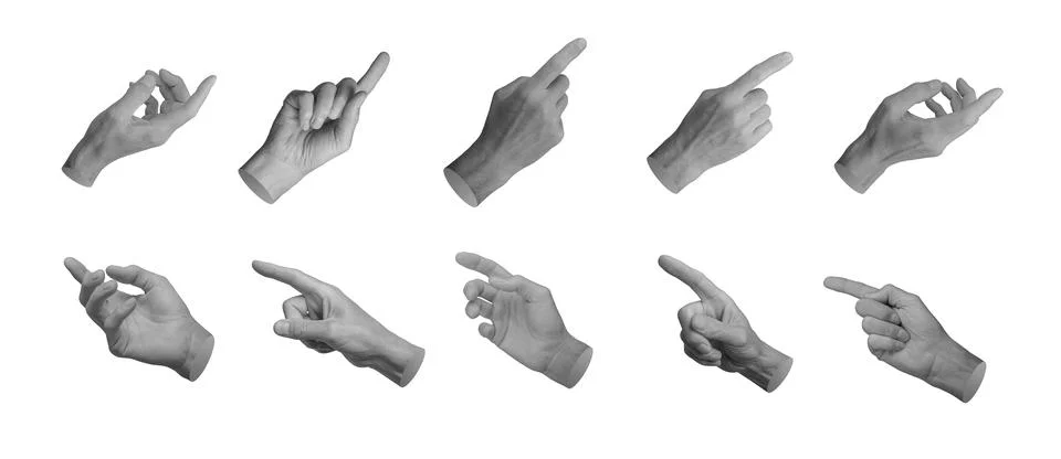 Index finger pointer pointing, indicating, showing from different angles, set Stock Photos