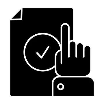 Index finger pointing at document solid icon. Hand pointing on paper vector Illustrazione stock