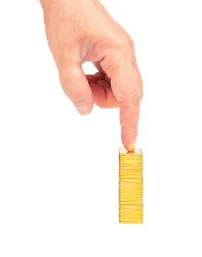 The index finger points to a stack of gold bars isolated Stock Photos
