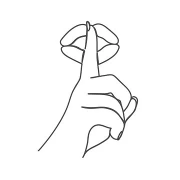 Index finger pressed to lips as a sign of silence. Line art. Stock Illustration