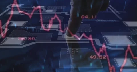 Index finger pressing tech grid, activating circular scan and updating real-time Stock Footage 329694499