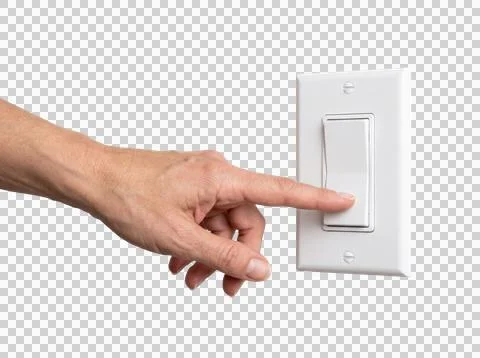 Index finger pushing light switch button to turn on or off electrical power.. Stock Photos