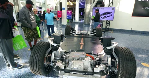 Indi One open frame and dual motor electric car at the Los Angeles Auto Show, 4K Stock Footage 233583182