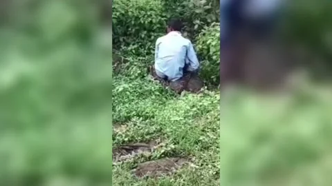 India: 15-Foot Python attacks man in central India: dramatic rescue ensues Stock Footage 280377493