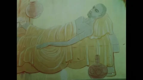 INDIA - 1964 - Murals in a Buddhist temple depict Buddha's religious teachings Video stock 325204451