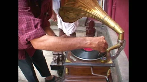 INDIA - 1999 - Close-up of a phonograph as it is played in Kochi, India's Jewish Video stock 284462746