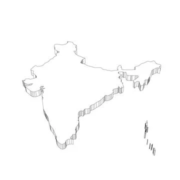 India - 3D black thin outline silhouette map of country area. Simple flat vector Stock Illustration