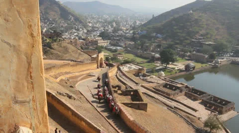 India Amber Fort elephants below Stock Footage 24634549