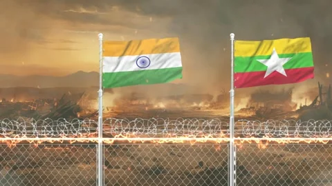 India and Myanmar flags waving against dramatic war ravaged battlefield bac.. Vídeos de archivo 341618438
