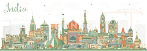 India City Skyline with Color Buildings. Delhi. Mumbai, Bangalore, Chennai. Stock Illustration