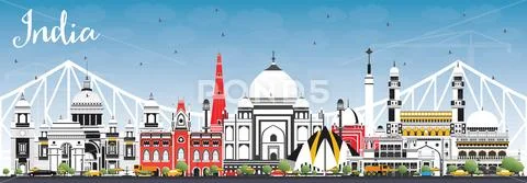 India City Skyline with Color Buildings and Blue Sky. Delhi. Hyderabad. Kolka Stock Illustration
