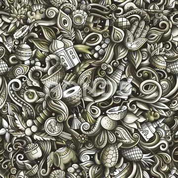 India culture hand drawn doodles seamless pattern. Indian backgraund Stock Illustration