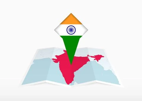 India is depicted on a folded paper map and pinned location marker with fla.. Stock Illustration