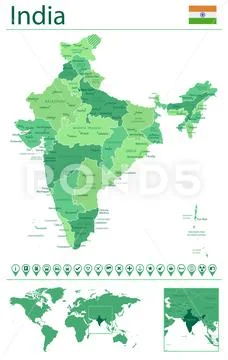 India detailed map and flag. India on world map.: Graphic #150434125