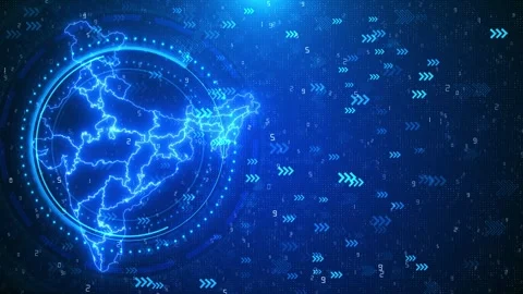 India digital arrow map with glowing blue outline, circular HUD rings, number Stock Footage 333858374