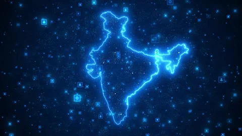 India digital cyber map glowing blue outline, security icons, dotted world patte Stock Footage 340472732