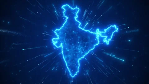 India digital network burst glowing blue country map, fast particle trails, conn Stock Footage 340472912