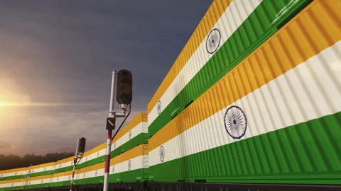 India export containers on cargo train wagons loop Stock Footage 282884785