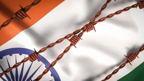The India flag and Barbed wire image 3d Rendering. Stock Illustration