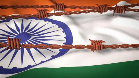 The India flag and Barbed wire image 3d Rendering. Stock Illustration