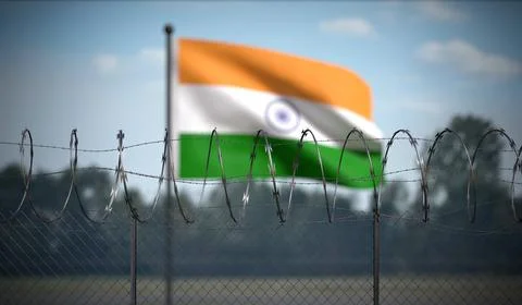 India - Flag and Barbed Wire Fence - 3D illustration Stock-Illustration