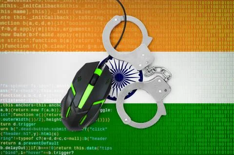India flag  and handcuffed computer mouse. Combating computer crime, hackers  Stock Photos